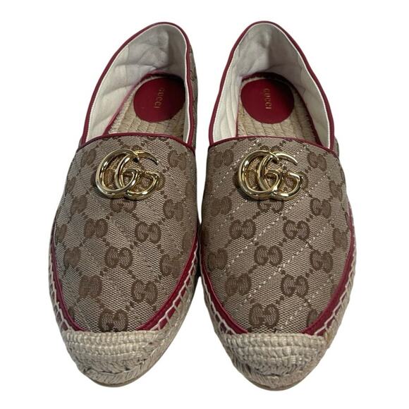 Gucci Shoes - Gucci GG Matelassé Canvas Espadrilles, cherry red leather trim, gold hardware. 9